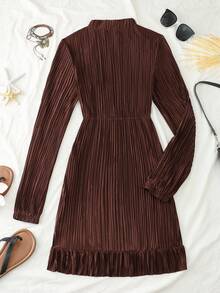 INAWLY Dark Brown,Autumn,Elegant,Dinner Date Caramel Starfish Embroidered Stand Collar Long Sleeve Waist Cinched Dress,Pleated Textured Vintage Style - Khaki - View 2