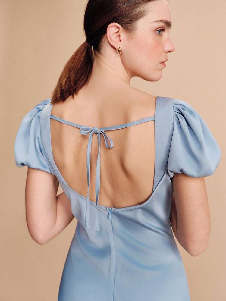 Vestido Midi de Cetim Azul Céu com Mangas Bufantes e Decote com Acabamento em Renda, Estilo Vintage Francês, Elegante e Chique, Convidado de Casamento Primavera, Estilo Francês Parisiense