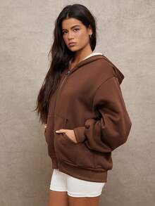 WESTFADE 波点图案带衬里连帽拉链前袋长筒袖连帽卫衣外套 - 棕色 - 查看 5