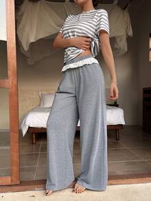 Dream Adore Women's Casual Striped Top With Lace Hem + Grey Pants Pajama Set - Multicolor - View 6