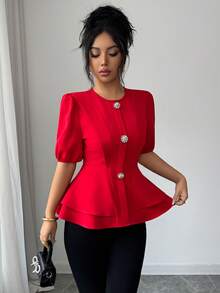 Selianne Women's Elegant Red Summer Party Blouse, Ruffled Collar A-Line Decorated Lantern Sleeve Short Top,Casual Commuting,Vacation,Valentine's Day - Red - View 3