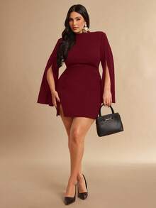 SHEIN BAE 大码优雅纯色开衩袖修身连衣裙，秋季 - 酒紅色 - 查看 6