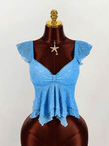 Amplova 女士褶皱前片修身性感网纱拼接短袖露背休闲度假短款背心 - 藍色 - 查看 6