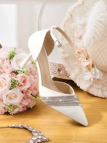 CUCCOO HITCHD 黑色水晶装饰绑带高跟鞋，尖头镂空设计，适合通勤、约会、派对等各种场合，秋季时尚之选。 - 純白色 - 查看 12