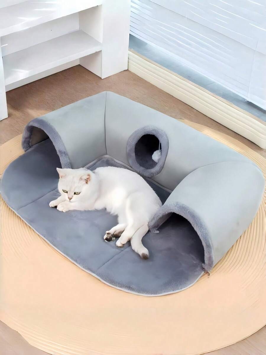 1 pieza Túnel de cama de confort de tres en uno - Adecuado para gatos pequeños y medianos, conejos y hámsteres. Sirve tanto como una alfombra de juego como de refugio cálido, con un fondo antideslizante, y es ideal para mascotas pequeñas y medianas como gatos, conejos y hámsteres | Ropa de cama de invierno y otoño para gatos, túneles para gatos para dormir y jugar; Túneles de juego para mascotas - Multicolor - Ver 1