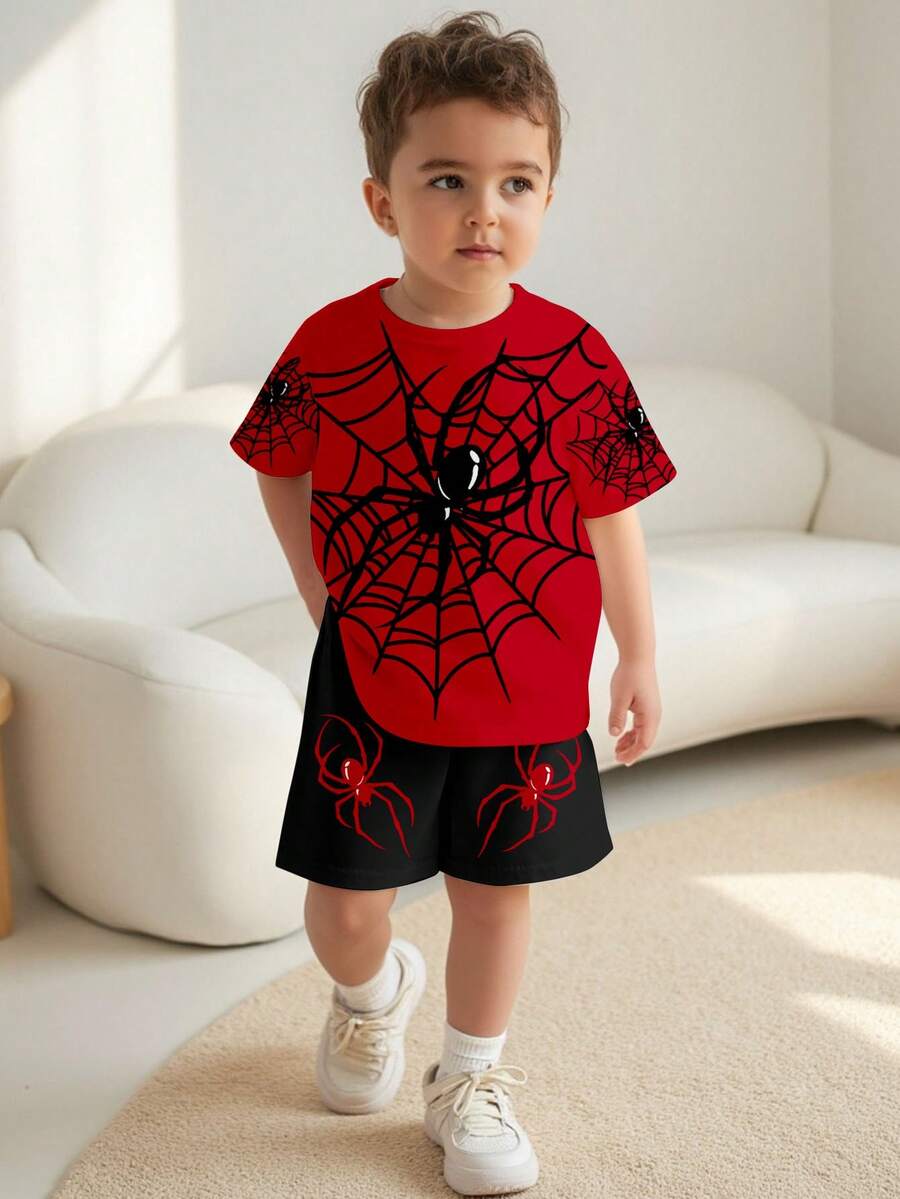 SHEIN 男童休闲T恤套装，经典酷炫卡通蜘蛛英雄图案，蜘蛛网，印花设计，适合春夏穿着 - 彩色 - 查看 1