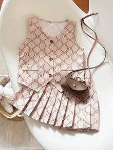 Playful Pals 2件套女婴夏季蝴蝶结印花吊带背心和百褶裙套装