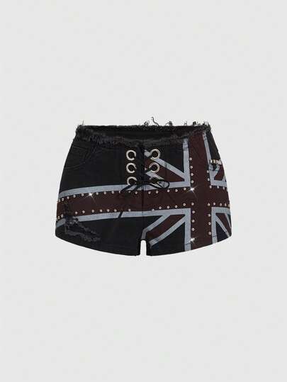 ROMWE Grunge Punk Y2K Baddie Union Jack Print Metal Rivet Super Low Waist Mini Denim Shorts
