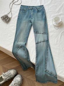 Elamini Mid-Waist Fashion Patchwork Studded Washed Elastic Skinny Flare Jeans - Medium Wash - View 1
