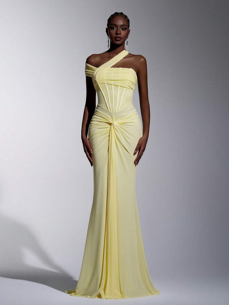 Elitara Elegant Luxurious Light Yellow Elastic Knit Patchwork Mesh, Asymmetric Collar Lapel With Pleated Fishbone Fitted Bridesmaid Dress - Yellow - View 1