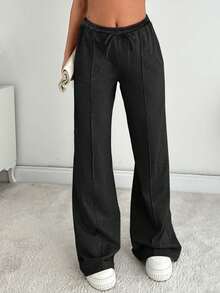 EURMUSE Women Solid Color Mid Waist Straight Sweatpants - Black - View 3