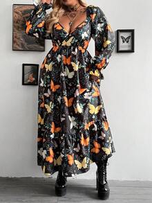 Whyspr Đầm maxi xếp lớp họa tiết hoa, kiểu dáng cổ điển lãng mạn, thanh lịch dành cho nữ cỡ lớn, thích hợp cho mùa xuân, hè, thu, phong cách Gothic, Punk, đi nghỉ mát. - Nhiều màu - Xem 4