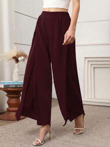 Breezaya 女士休闲舒适派对纯色高开衩宽松阔腿裤 - 酒紅色 - 查看 4