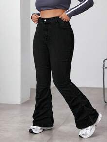SHEIN ICON Quần jeans ống loe cạp cao màu trơn đơn giản, đa năng dành cho nữ cỡ lớn, thích hợp mặc hàng ngày đi làm. - màu đen - Xem 4