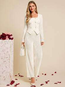 Amorya 女士优雅新款针织提花收腰上衣和裤子两件套 情人节套装 女士优雅裤装套装 女士两件套服装 女士裤装两件套 奶油色两件套 春假服装 奶油色上衣 奶油色套装 女士白色开衫 开衫嘉年华服装 女士适合春夏嘉年华的白色套装 女士两件套休闲套装 女士裤装夏季套装 婚礼裤装 - 杏色 - 查看 8