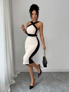 Rafferiza Women's Criss-Cross Color Block Fitted Midi Dress,Black And White Summer Elegant Party Bodycon Bandage Dress For Casual And Date Wear - Apricot - View 8