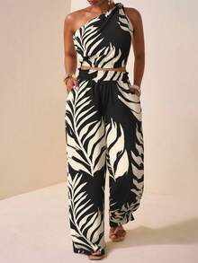 Veslaya 春夏新款优雅度假风性感修身黑色杏色热带植物印花无袖露脐上衣和口袋阔腿裤女式加大码两件套 - 黑與白 - 查看 3