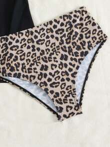 Swim Lushoire Women's Beach Music Festival Leopard Print Patchwork V-Neck Wide Strap Flowy High Waist Swimsuit Two Pieces Set, Spring/Summer - Multicolor - View 5