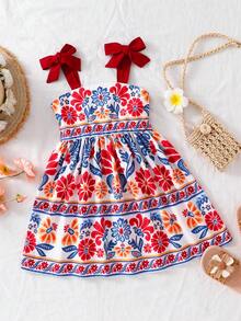 SHEIN Young Girl Woven Print, Bowknot Floral Pleated Camisole Dress - Red - View 10