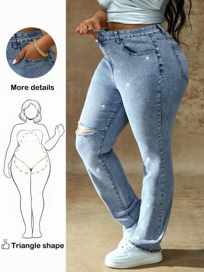 Truni Plus Size Casual Washed Distressed Rhinestone Embellished Jeans, For Pear & Triangle Body Shape