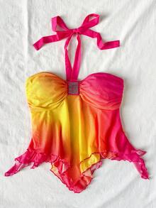 Soleia 女士度假针织网纱渐变色浪漫修身系带仿钻装饰渐变吊带背心，适合派对、圣诞节、约会、夜店、波西米亚风、度假、秋季等场合。 - 彩色 - 查看 4