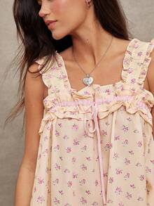 WESTFADE Beige Summer Fairycore Picnic Ruffle Square Neck Bow Front Floral Print Babydoll Mini Dress,Sleeveless Keyhole Back Cut Out Boho Casual Beach Vacation - Multicolor - View 5