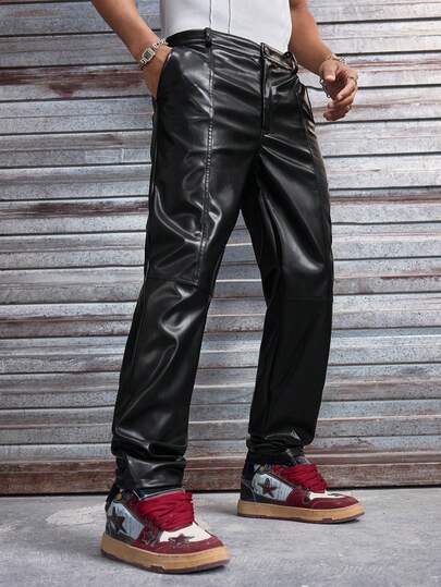 AXEPEAK Pantalones de cuero sintético de moda versátil casual con bolsillo oblicuo de unicolor para hombres