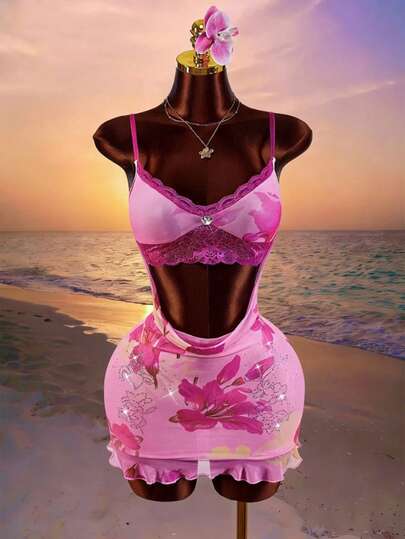 Amplova 女士印花撞色蕾丝露腰性感吊带迷你连衣裙