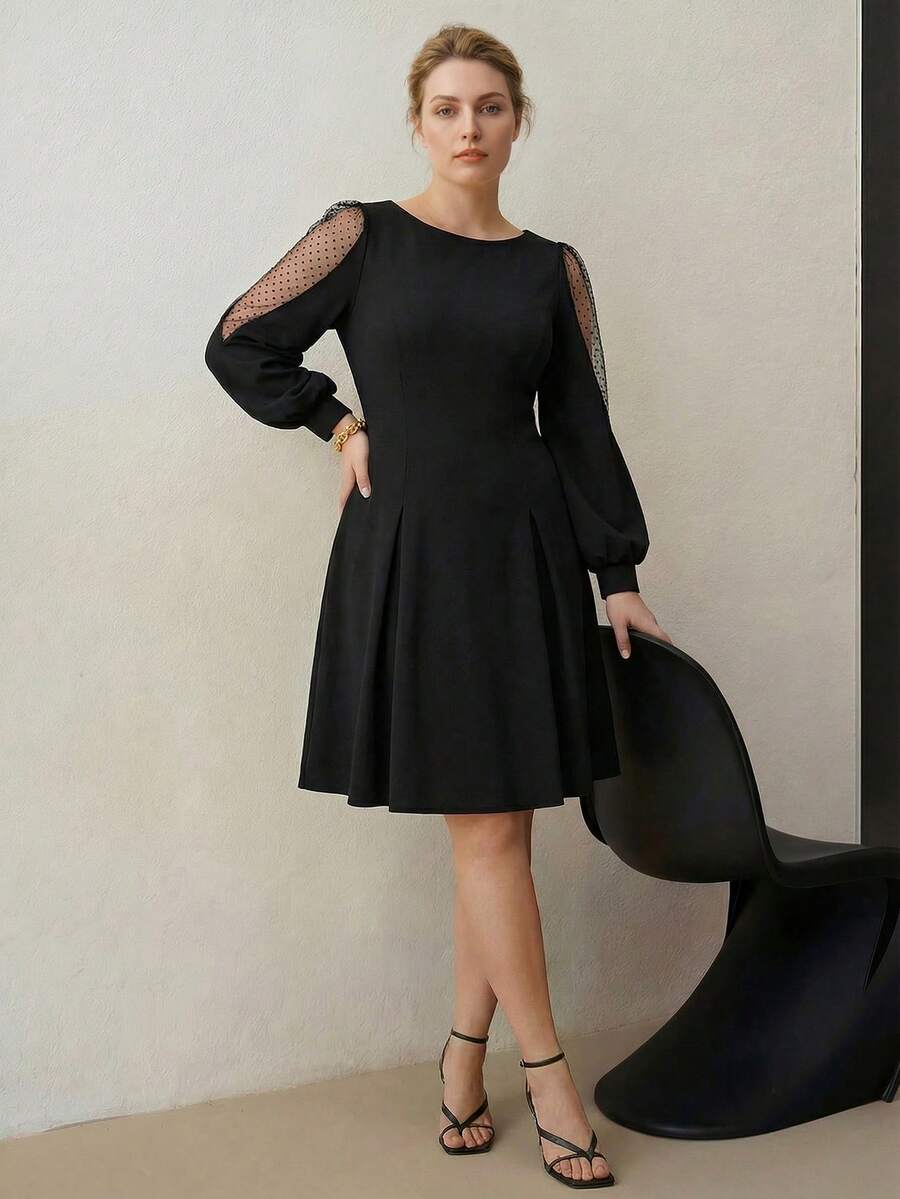 MOTF PREMIUM 大码优雅约会之夜网纱拼接灯笼袖收腰褶裥下摆短连衣裙 - 黑色 - 查看 1