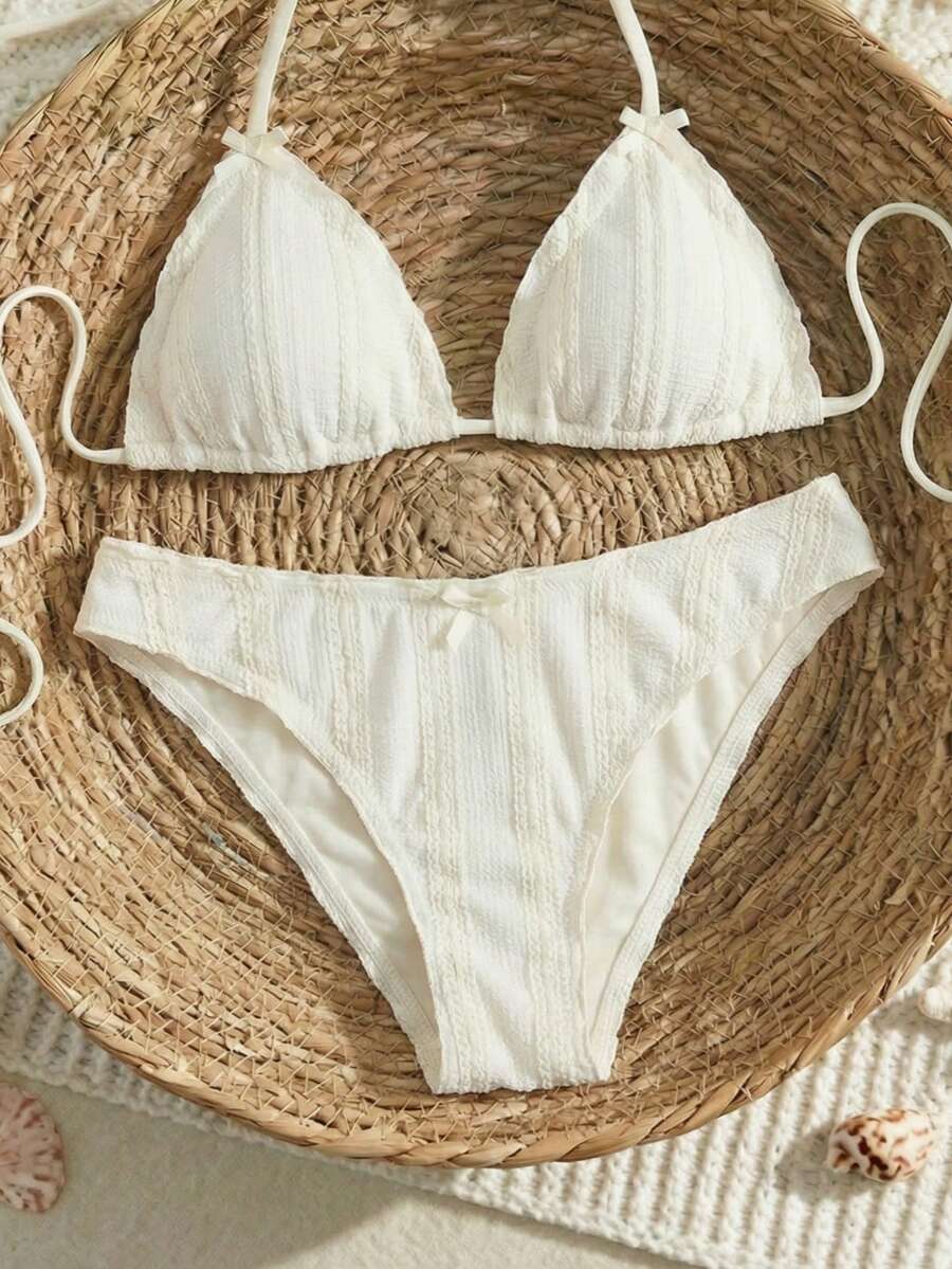 Swim Mod 女士纯色蝴蝶结领性感比基尼套装，适合海滩度假夏季