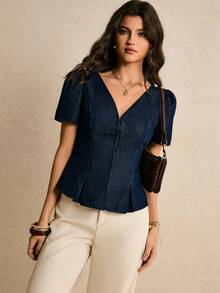 Poéselle Women's Denim Top, Casual V-Neck Short-Sleeved Slim-Fit Denim Shirt, Dark Blue Denim Shirt Summer Spring Outfit Women Valentines  Party Top Going Out Top Casual Blouses For Women 2k Women - Dark Wash - View 5