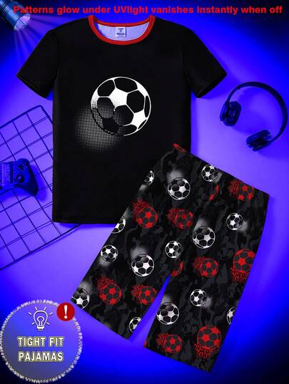 Tween Boys Glow-In-The-Dark Football Print Short Sleeve Top And Allover Print Tight Fit Shorts 2-Piece Pajama Set