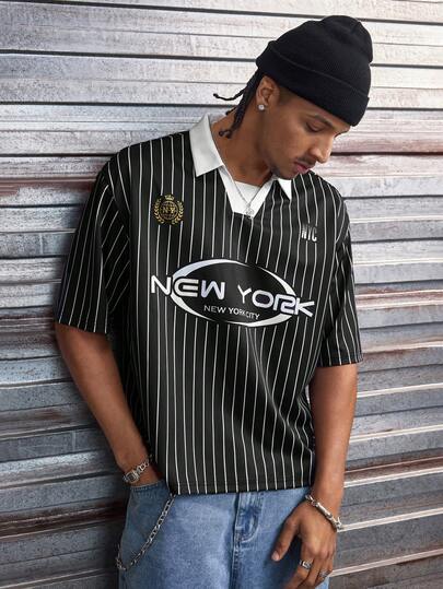  Men's AXEPEAK Casual Fashionable Striped & Letter Print Short Sleeve Polo Shirt