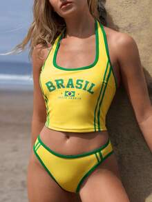 Swim Vcay 女士沙滩装，巴西国旗图案印花，黄绿撞色，时尚休闲度假运动装，吊带比基尼，运动冲浪服 - 彩色 - 查看 7