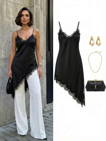 Firerie Blusa larga de satén negro con encaje, de tela elástica y cómoda, con bajo asimétrico y tirantes de espagueti. Atuendo casual urbano moderno, elegante y apropiado para la oficina, así como para invitados de boda, fiestas navideñas, de Año Nuevo y de vacaciones. Estilo de moda urbana casual, de negocios y de alta calidad para uso diario y viajes.