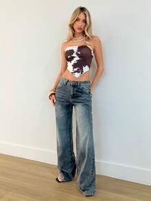 Aloruh Women's Y2K Tie-Dye Print Asymmetric Hem Fashionable Bandeau Top - White - View 3