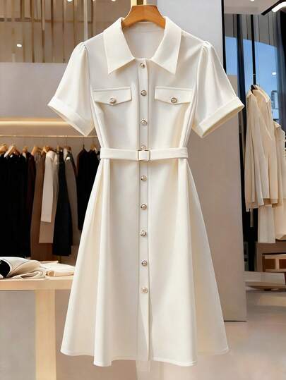 GlowEve CURVE 大码女式纯色优雅通勤风金属装饰纽扣短袖系带连衣裙，春夏款