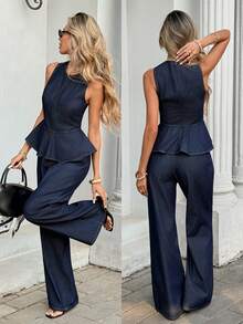 Serisse 女士休闲无袖荷叶边牛仔上衣和牛仔裤套装，适合春、夏、秋季，优雅的情人节度假装扮，适合女士嘉年华、夏季春季通勤、毕业典礼、Y2K 风、可爱街头风、派对、婚礼、优雅商务休闲、女士度假休闲时尚牛仔两件套，包含荷叶边上衣和飘逸阔腿裤。 - 藍色 - 查看 1