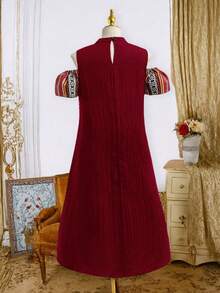 Đầm trễ vai họa tiết hình học chắp vá phong cách vintage thường ngày cho bé gái tuổi teen - Màu Đỏ Sâu - Xem 2