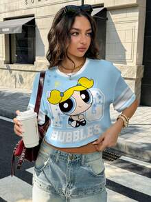 THE POWERPUFF GIRLS X SHEIN Camiseta de mujer de cuello redondo y manga corta con estampado de burbujas - Blanco - Ver 8