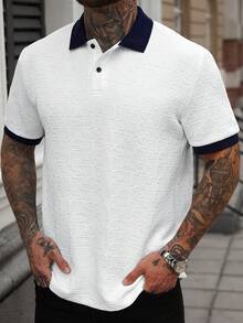 Manfinity CasualCool Men's Contrast Collar Short Sleeve Polo Shirt, Textured Jacquard Casual Top/Men's Casual Commuting Color Block Short Sleeve Polo Shirt - White - View 3