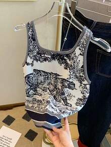 Resyla 女士常规版型印花背心，蓝白相间 - 黑與白 - 查看 2