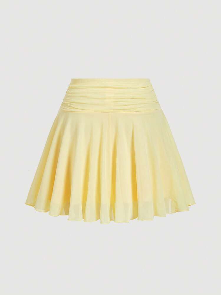 SHEIN MOD 大码女式系带短袖上衣和迷你裙时尚黄色两件套 - 黃色 - 查看 9