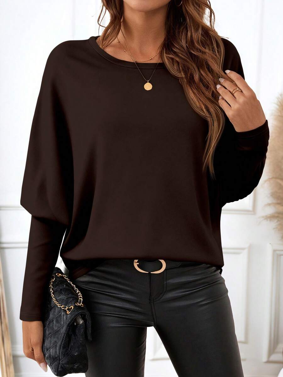 EMERY ROSE Women's Casual Minimalist Dark Brown Batwing Sleeve T-Shirt, Autumn - Multicolor - View 1