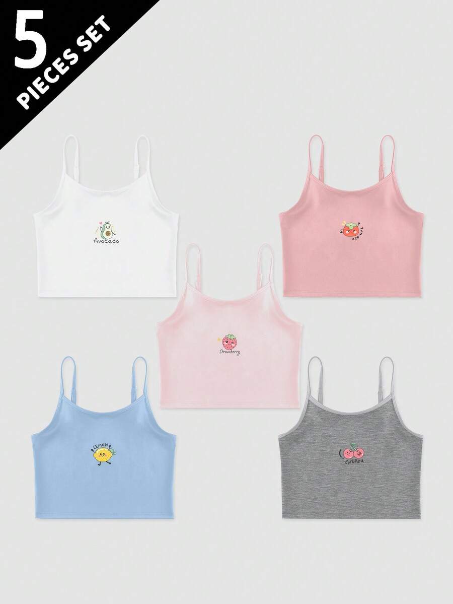 5件装女童打底衫，水果花卉印花，清新可爱，四季皆宜，适合8-12岁儿童 - 彩色 - 查看 1