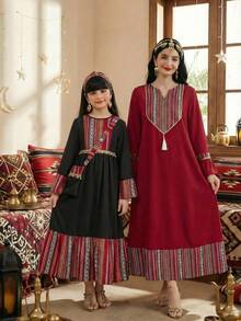 2-Piece Set For Tween Girls:Elegant Traditional Black Dress With Matching Bag,Geometric Print,Long Sleeves Maxi Dress,Black,Autumn,Boho,Wedding Guest - Black - View 3