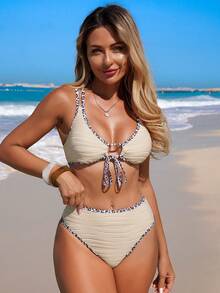 Swim Lushoire 2pcs Women's Halter Neck Leopard Print Bikini Set, Sexy & Romantic Beach/Party Swimsuit, Spring/Summer - Apricot - View 5
