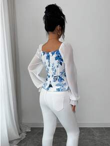 Selianne 女士休闲优雅性感印花方领喇叭袖短款上衣 - 白色 - 查看 2