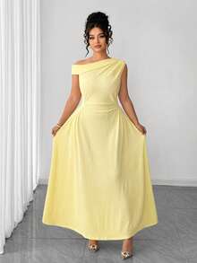 Elenzga Plus Size Women's Elegant Fashion Sleeveless Ruched Waist A-Line Dress, Spring/Summer - Yellow - View 3