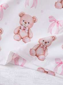 SHEIN 两件套少女小熊印花蝴蝶结荷叶边吊带背心和短裤舒适休闲修身睡衣套装 - 白色 - 查看 9